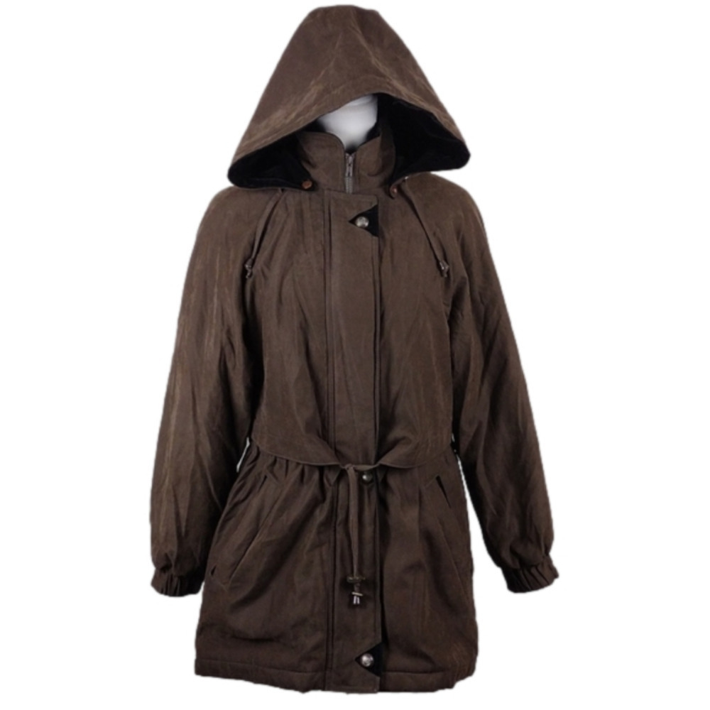 IZZI Brown Faux Suede Leather Hooded Long Sleeve Mid Length Zip Up Winter Coat